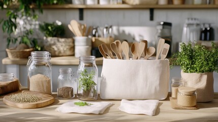 Minimalist eco-kitchen with glass jars, linen napkins, wooden utensils, and cotton bags on a light table, surrounded by greenery and natural textures.