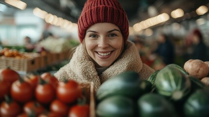 A cheerful woman holds a variety of fresh fruits and vegetables at an outdoor market, radiating joy and health amidst a vibrant shopping environment.
