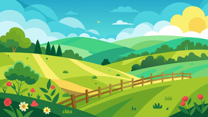 Countryside Nature Landscape Vector Green Fields and Flowers