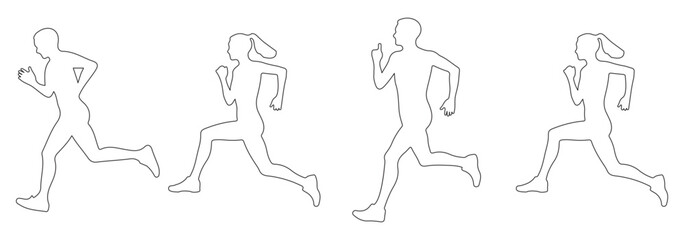 Men and women Running, People doing running exercises are isolated on a white background. jogging exercise silhouette set. Man and Woman silhouettes. Variety Design. EPS 10