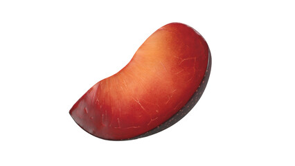 A vibrant, half-moon shaped piece of red fruit with a smooth surface, showcasing its appealing color and texture.