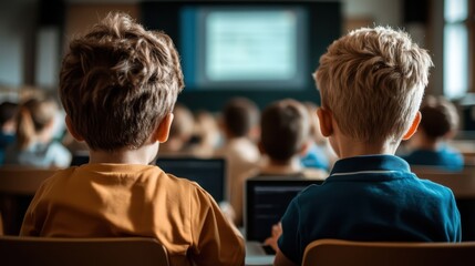 A pair of focused children in a classroom setting, attentively using laptops while listening to a presentation, showcasing modern educational practices and technology integration.