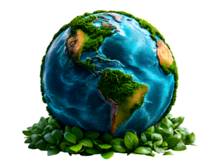 3D Earth globe surrounded by green leaves, eco-friendly Earth Day composition on bright white background, isolated to transparent background