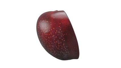 A close-up view of a shiny, red fruit with a smooth surface and small seeds, possibly a strawberry.