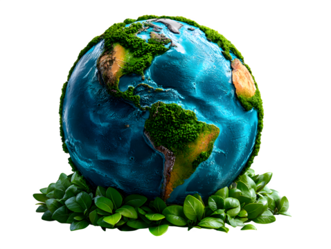 3D Earth globe surrounded by green leaves, eco-friendly Earth Day composition on bright white background, isolated to transparent background