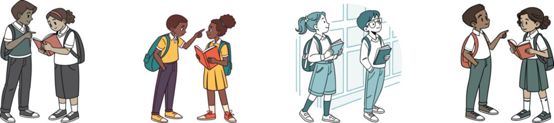 Student kids talking to each other set vector illustration