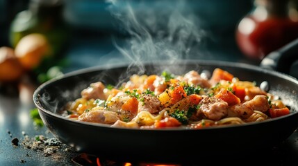 A mouthwatering pasta dish cooked to perfection, featuring a medley of colorful vegetables and tender meat, exuding appetizing steam that tantalizes the senses.