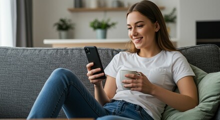 Obraz premium Woman relaxing on couch using smartphone