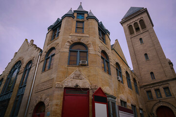 Brooklyn, New York street with the landmark Presbyterian church in Bedford