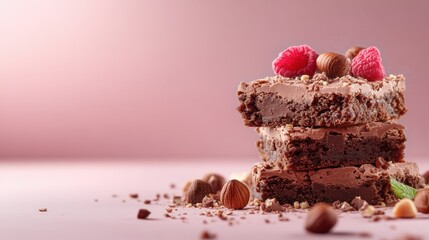 An alluring stack of rich chocolate brownies garnished with raspberries and hazelnuts presents a delightful dessert that tempts the taste buds and indulges the senses.