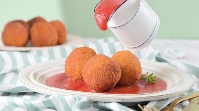 Close-up of hands breaking Sicilian arancini with rice, cheese and herbs. Crispy texture and savory filling. Traditional Italian street food. High quality FullHD footage