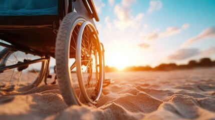 A wheelchair resting on the sandy beach under a beautiful sunset, symbolizing inclusivity and the joy of enjoying nature’s beauty, even with physical challenges.