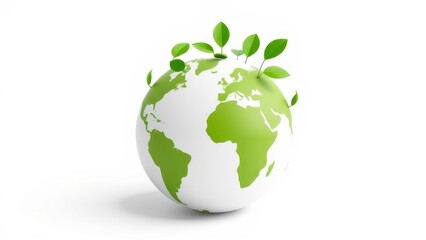 Obraz premium Globe with green continents and leaves growing out of it on a white background