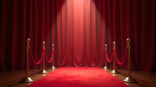 Red Carpet Event Entrance with Spotlight, Velvet Ropes, Golden Stanchions and Elegant Red Curtain for Gala or Premiere