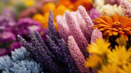 A stunning arrangement of colorful flowers, including vibrant reds, purples, and yellows, creates a cheerful and lively display that brightens any space with its exquisite appeal.