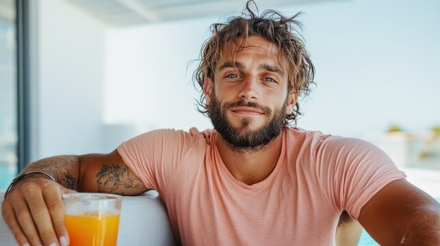 A relaxed young man smiles while holding a glass of orange juice, embodying a carefree summer spirit, set against a bright and inviting poolside backdrop.