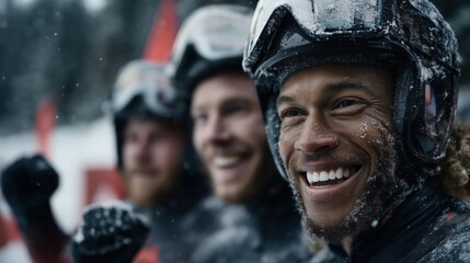 Celebrating victory in the snow with a bobsled team full of joy and triumph in a winter wonderland