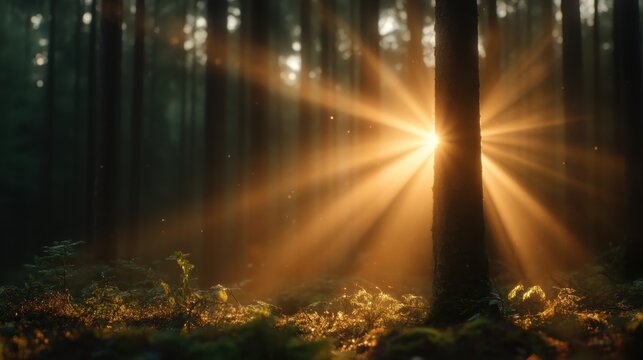 Sunlight streams through tall trees in a dense forest, creating a magical ambiance that emphasizes nature's beauty, serenity, and the connection between light and life.