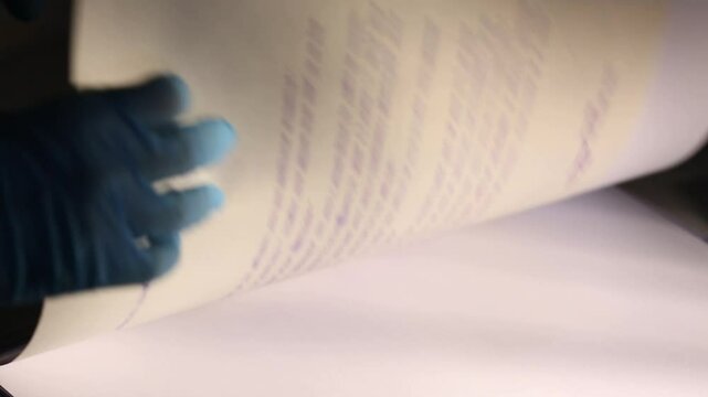 A person wearing blue protective gloves carefully turns pages of an ancient document, revealing old text. This archival work highlights historical preservation, meticulous research