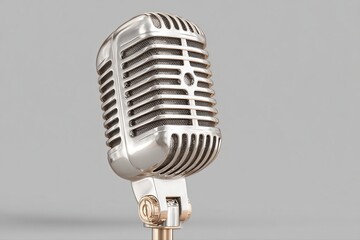 A professional studio microphone standing on a sleek gray background, ready for recording sessions.