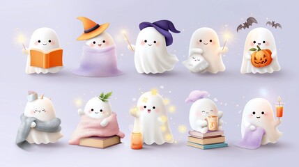 Adorable Halloween ghost illustrations. Perfect for cards, decorations, or party invites!