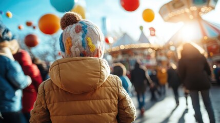 A heartwarming scene of a child in a cozy winter coat, gazing at a vibrant amusement park filled with colorful lanterns, capturing the joy of childhood and festive experiences.