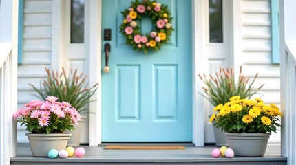 Naklejka premium Cheerful Easter Home Decor: Blue Door, Floral Wreath, and Colorful Eggs on Porch