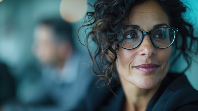 A thoughtful professional woman with curly hair and glasses gazes into the distance, reflecting intelligence, confidence, and ambition in a stylish office environment.