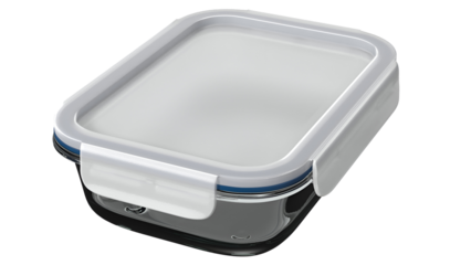 A clear rectangular food storage container with a lid, designed for preserving and organizing food items.