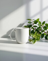 Minimalist White Mug with Green Leaves in Bright Natural Light