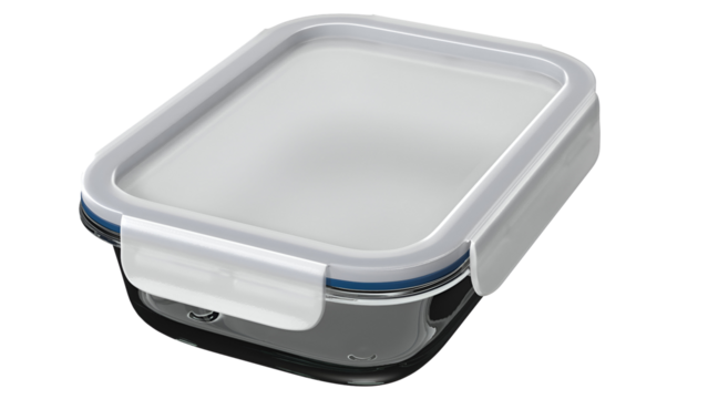 A clear rectangular food storage container with a lid, designed for preserving and organizing food items.
