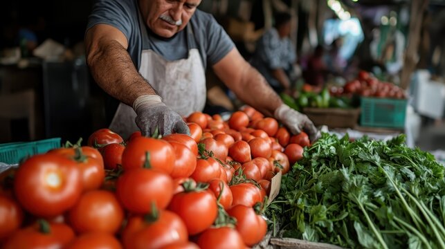 A dedicated market vendor skillfully arranges bright red tomatoes and fresh greens, showcasing the vibrant colors and textures of fresh produce at a bustling marketplace.