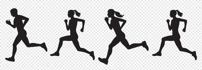 Men and women Running, People doing running exercises are isolated on a white background. jogging exercise silhouette set. Man and Woman silhouettes. Variety Design. EPS 10