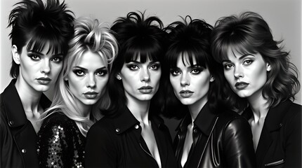 Edgy Women Group: Black and White Fashion Portrait, Fierce Makeup, Retro Hair, Bold Style, Intense Gaze, Striking Contrast Vector Illustration