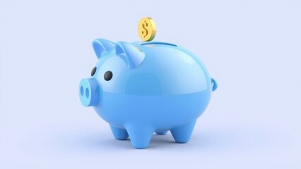 Blue piggy bank with gold dollar coin on a light background representing savings