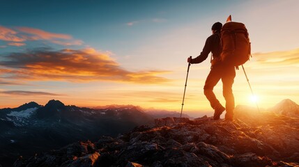 A solo hiker stands triumphantly on a rocky summit, gazing toward the majestic mountains under a vibrant sunset sky, signifying adventure and exploration.