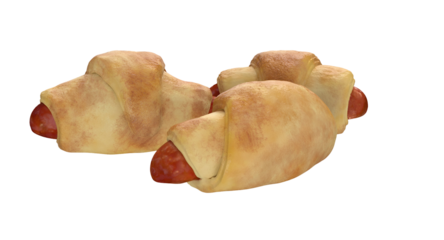 Two pastry rolls resembling dogs, featuring a golden-brown crust and sausage filling.