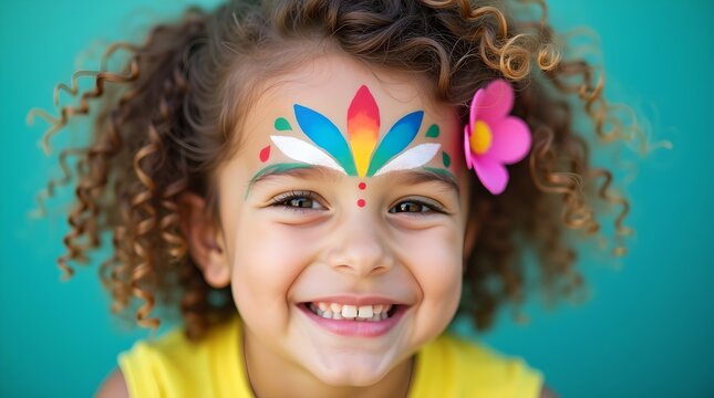 Joyful Girl with Face Paint: Smiling Child, Curly Hair, Flower Crown, Vibrant Colors, Happy Kids, Playful, Childhood Fun, Creative Expression, Turquoise Background