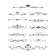 Text dividers doodle set. Wedding decorative elements with leaves, swirls, hearts. Divider ornament, borders, lines. Hand drawn vector illustration isolated on white background
