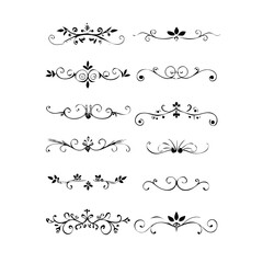 Text dividers doodle set. Wedding decorative elements with leaves, swirls, hearts. Divider ornament, borders, lines. Hand drawn vector illustration isolated on white background
