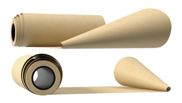 A collection of rolled and conical paper materials, often used for packaging or crafting purposes.