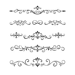 Text dividers doodle set. Wedding decorative elements with leaves, swirls, hearts. Divider ornament, borders, lines. Hand drawn vector illustration isolated on white background
