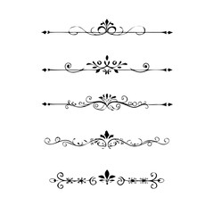Obraz premium Text dividers doodle set. Wedding decorative elements with leaves, swirls, hearts. Divider ornament, borders, lines. Hand drawn vector illustration isolated on white background 