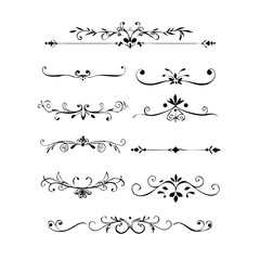 Text dividers doodle set. Wedding decorative elements with leaves, swirls, hearts. Divider ornament, borders, lines. Hand drawn vector illustration isolated on white background
