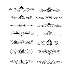Text dividers doodle set. Wedding decorative elements with leaves, swirls, hearts. Divider ornament, borders, lines. Hand drawn vector illustration isolated on white background
