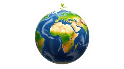 Fototapeta premium Earth globe with a small green plant growing on top against a white background