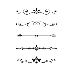 Text dividers doodle set. Wedding decorative elements with leaves, swirls, hearts. Divider ornament, borders, lines. Hand drawn vector illustration isolated on white background
