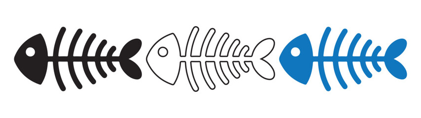 Black and color Skeleton fish. Fish bone icon. Line art vector. Illustration. EPS 10