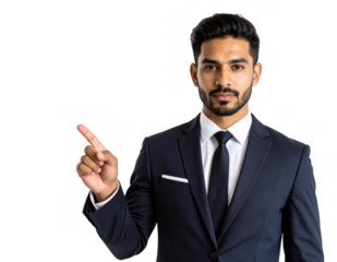 Serious businessman pointing to side in transparent suit professional setting half-body photograph