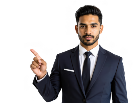 Serious businessman pointing to side in transparent suit professional setting half-body photograph